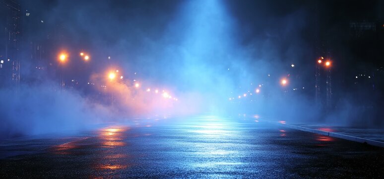 Night Street Scene with Neon Lights and Fog