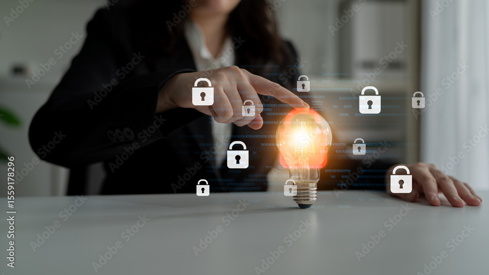 Poster digital security concept illustrating a cybersecurity breach, with a red unlocked padlock indicating