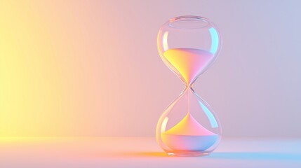 Minimalist illustration of a floating hourglass with glowing multicolor pastel sand forming fluid waves, placed on a clean off-white background, symbolizing emotional patience, healing, and time’s 