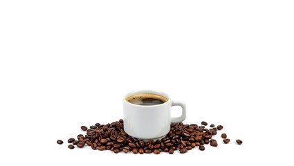 Naklejka premium A white cup of coffee sitting on a pile of roasted coffee beans on a white background isolated shot