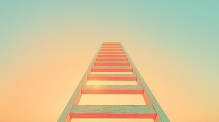 Surreal multicolored ladder ascending into a clean pale sky on beige background, each step symbolizing emotional healing, progress, personal growth, and the minimalist journey toward inner peace