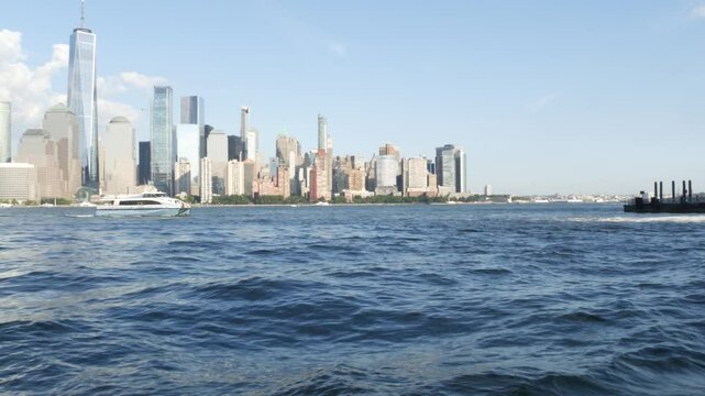 New York City waterfront skyline, Manhattan Downtown Financial district, World Trade Center building, riverfront skyscrapers. From Paulus Hook, New Jersey. United States architecture. Hudson river.