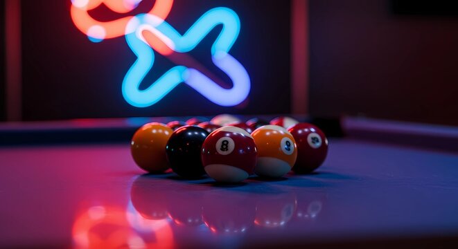 "Close Up of Pool Balls Set on a Table with Neon Lights in the Background"