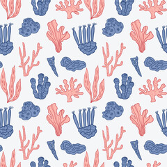 Seashells seamless pattern vector illustration nautical motif. Repeating background with conches, fish, sea plants for template, textile, print, card, poster. Texture for beach, sea, seafood, summer