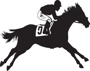 Silhouette illustration of a racehorse with a jockey in full speed during a horse race competition