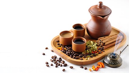Still life of coffee cups and spices on a wooden tray with a burner and a clay pot on a white table
