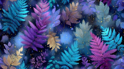 Naklejka premium Purple and blue leaves against a blue-purple background, with golden glints and shimmers