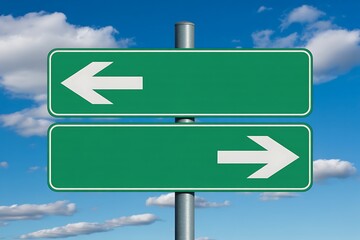 Two blank green directional road signs with white arrows pointing in opposite directions against a blue sky with clouds