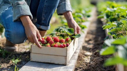 A person kneeling on a path in a strawberry patch, carefully placing ripe red strawberries into a shallow wooden box, morning sunlight and soft shadows