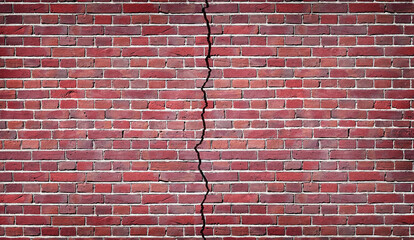 Large crack line on vintage brick wall, damage exture background