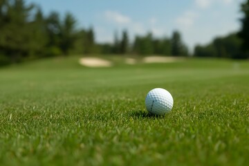 A single white golf ball rests on a lush green fairway with a sand trap and trees in the blurred background