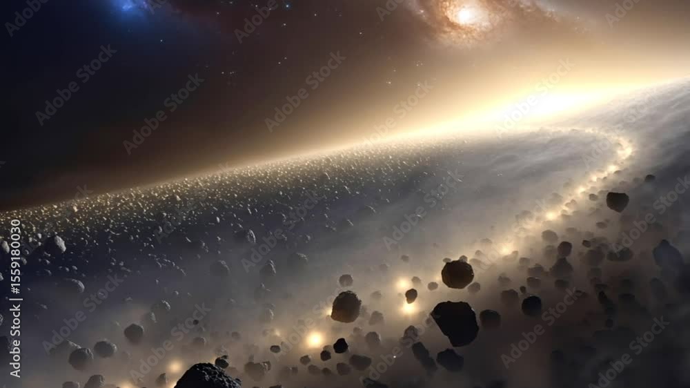 Poster numerous asteroids orbiting luminous stellar body, generating mesmerizing cosmic landscape within in