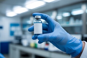 Close up of a gloved hand holding a vial of clear liquid with a blank label in a laboratory setting