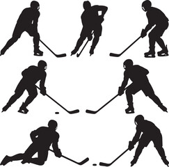 Obraz premium Silhouetted hockey players in action depicting various poses against a clean white background