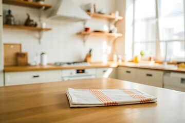 A clean kitchen with a wooden table and a folded striped cloth in the foreground bathed in natural light