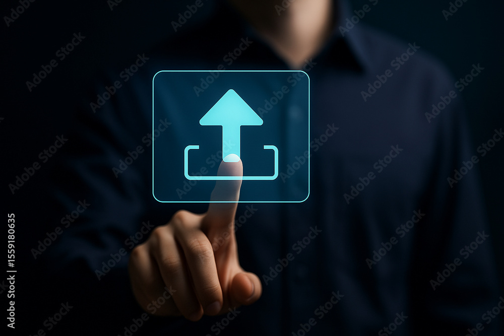 Poster professional businessman touching glowing upload icon hologram modern technology secure data transfe