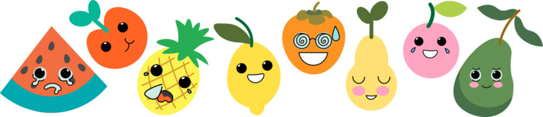 fruits kawaii characters set in doodle style. elements for mascot decor postcard design print sticker poster background