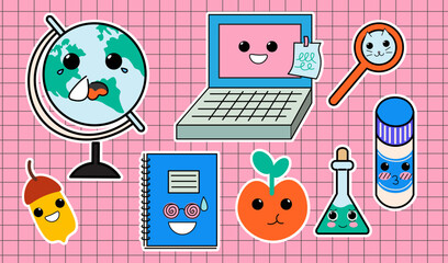 colored kawaii characters icon set of stationery and stuff for school and education on checkered background. elements for mascot sticker website poster decor