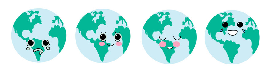planet earth as kawaii character in vector. globe with continents. objects for design, mascot, sticker, poster, print