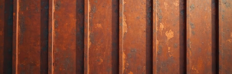 Grunge corten steel facade wall. Rusty metal texture background. Aged weathered surface with rust, corrosion and peeling paint. Rustic industrial architecture.