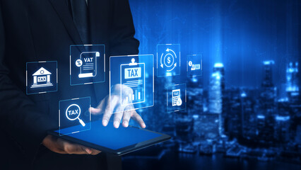 Financial regulation and tax compliance concept showing tax document, VAT, transaction flow, and...