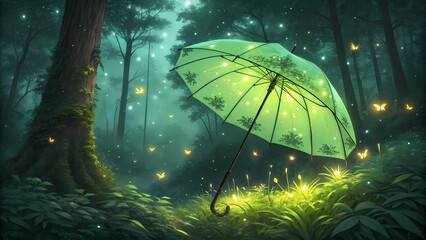 Enchanted forest umbrella glowing butterflies magical woodland scene fantasy art wallpaper background image