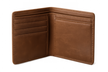 Brown leather wallet revealing multiple credit card slots, positioned against transparent backdrop