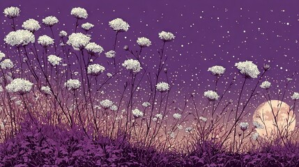   A white flower field beneath a full moon and star-studded sky