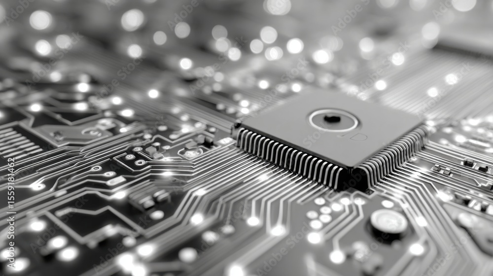 Poster this close-up reveals a computer chip prominently featured on a circuit board, surrounded by intrica
