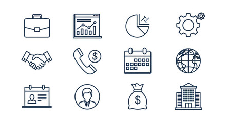 Business and Finance Icon Set Briefcase Graph Handshake Calendar and More.