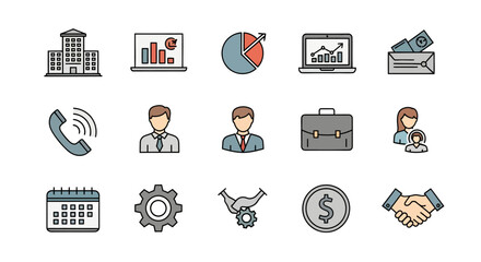 Business and Finance Icon Set Building Charts People and Tools.