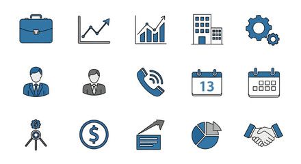 Business and Finance Icon Set Charts Buildings Gears and Handshake.