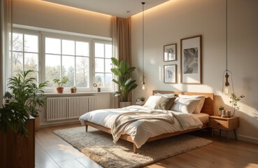 Elegant bedroom with modern space-saving furniture, decor. Wooden bed, nightstand, art frames, plants, soft carpet, large window. Bright lighting, cozy atmosphere, modern apartment, comfortable