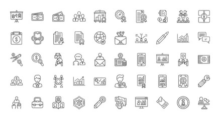 Business and Finance Icon Set Outline Style Money Teamwork and Analytics.