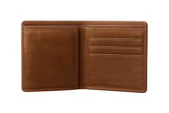 Opened brown leather wallet revealing multiple credit card slots, positioned against transparent background