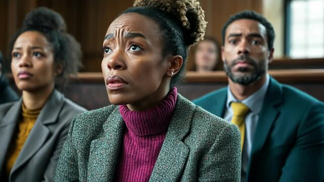 A diverse group of individuals in a courtroom, showcasing intense emotions.
