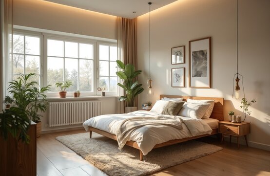 Elegant bedroom with modern space-saving furniture, decor. Wooden bed, nightstand, art frames, plants, soft carpet, large window. Bright lighting, cozy atmosphere, modern apartment, comfortable