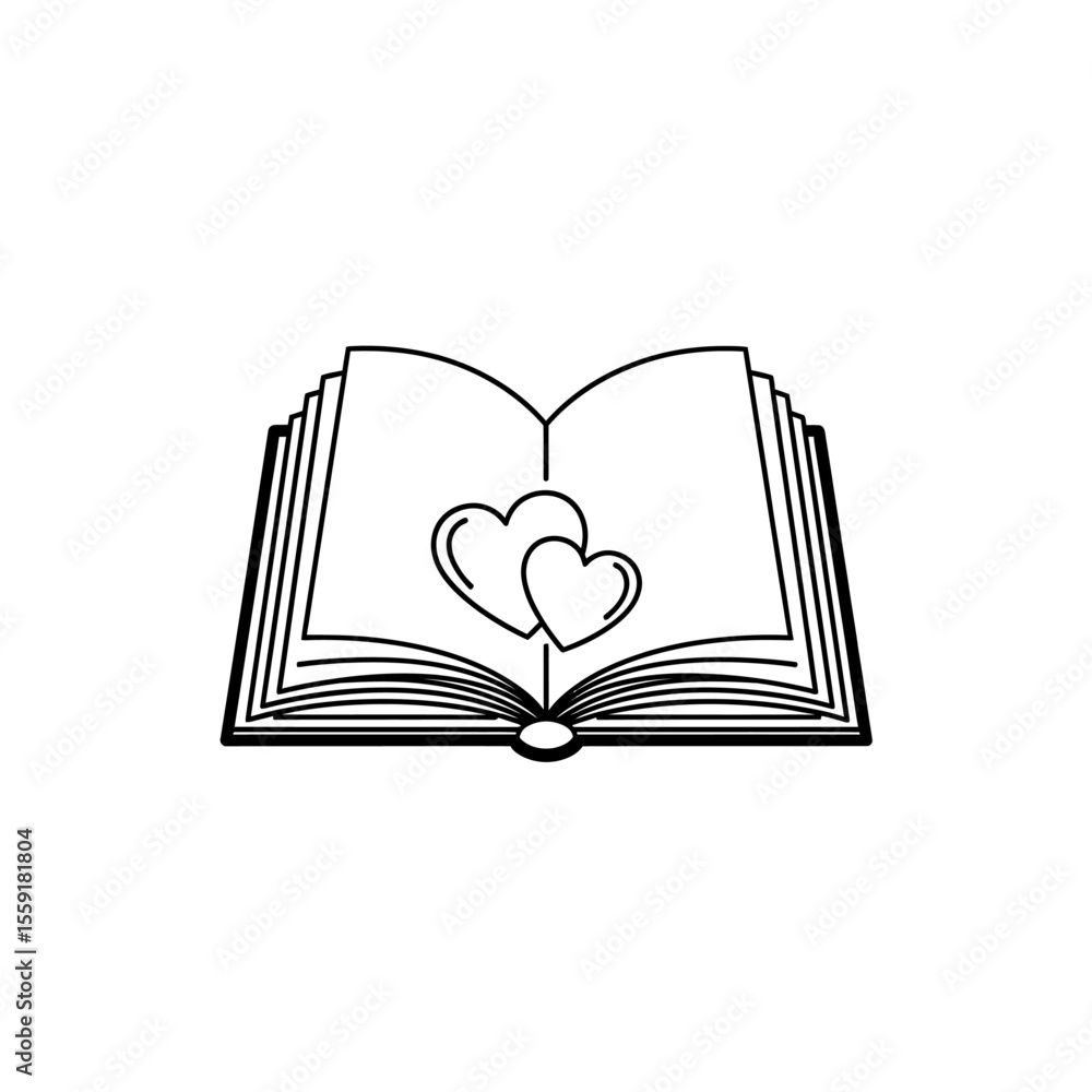 Poster open book with two hearts on the pages in a line art style on a white background simple illustration
