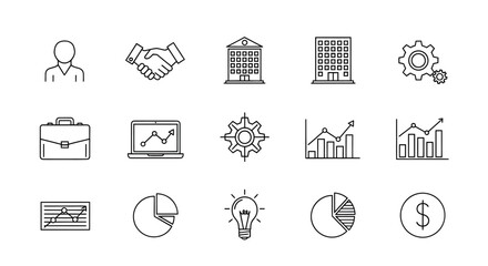 Business and Finance Icons Handshake Buildings Gears Charts and Dollar Sign.