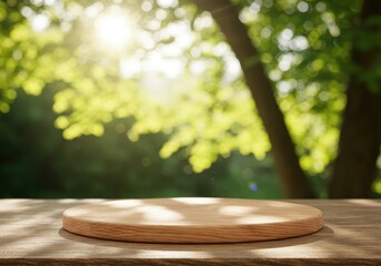 Obraz premium Wooden surface and platform with a blurred green trees background.