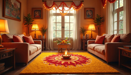 Festively decorated living room with marigold garlands and rangoli. Diwali celebration interior design with sofas, lamps, and traditional decor. Warm tones, cozy home atmosphere, festive mood.