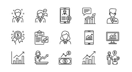 Business and Finance Line Icons People Charts and Dollar Symbols.