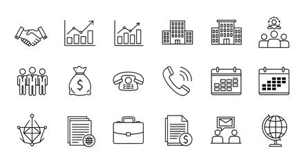 Business and Finance Outline Icons Handshake Charts Buildings and Communication.