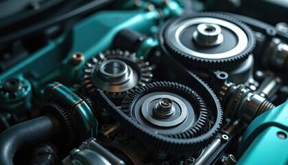 Fototapeta premium Close-up of car engine timing belt pulley system. Detailed automotive tech illustration shows mechanical parts, belts, gears. Motor vehicle machinery for transportation, engineering. Modern