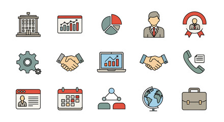 Business and Management Icon Set Building Charts Handshakes and More.