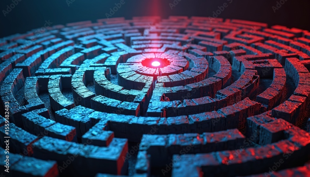 Poster Intricate 3D illustration of a labyrinth with red and blue lights. Symbolic representation of a journey through challenges. Perfect for tech startups and business presentations.