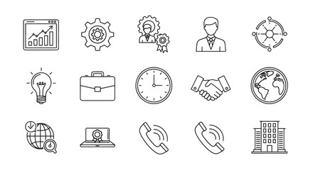 Business and Management Line Icons Chart Gear Briefcase Globe and More.