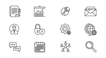 Business and Management Outline Icons Document Chart Pie Mail User Security Gear Globe Chat Calendar Network Search.