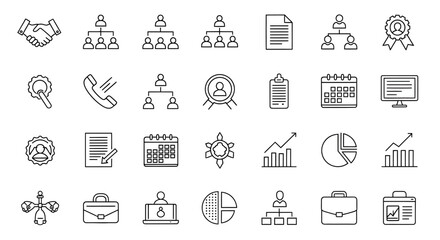 Business and Management Outline Icons Handshake Charts and Organization.
