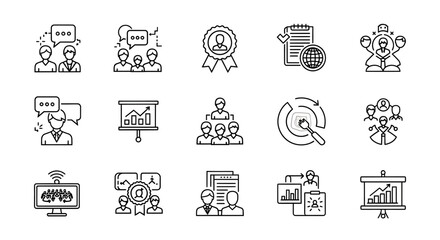 Business and Management Thin Line Icon Set Teamwork Strategy and Growth.